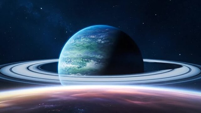 Majestic ringed planet glows in vast cosmic expanse, hinting at distant worlds and celestial wonder.