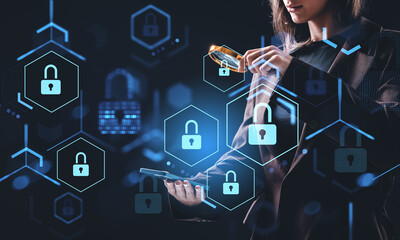 Woman analyzing cybersecurity hologram with padlock icons using magnifying glass and smartphone, futuristic digital protection concept..