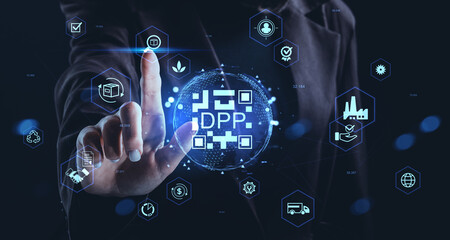 Businessman touching DPP hologram interface with digital icons for supply chain and industry concept on futuristic dark background.