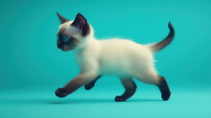 Obraz premium Cat runs on blue background with energetic movement feline sprints across plain azure surface vigorously