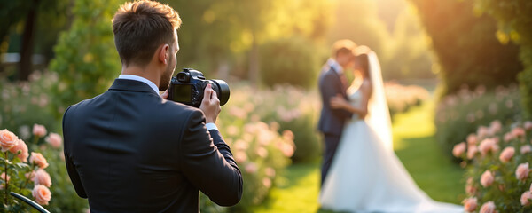 Male photographer with camera shoots bride and groom in rich garden with roses at sunset. Couple embraces romantically, capturing wedding day memories.