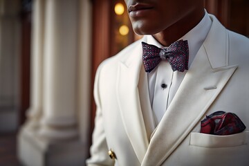 A formal gentleman dressed in a crisp white suit with a bow tie, exuding sophistication for weddings or upscale events.