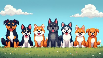 Row of happy pixel art dogs sits on green grass under blue sky with clouds. Diverse breeds look friendly and playful. Adorable pets enjoy sunny outdoor day.