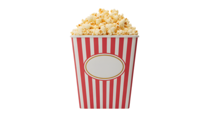 Classic red striped popcorn bucket overflowing with delicious snacks