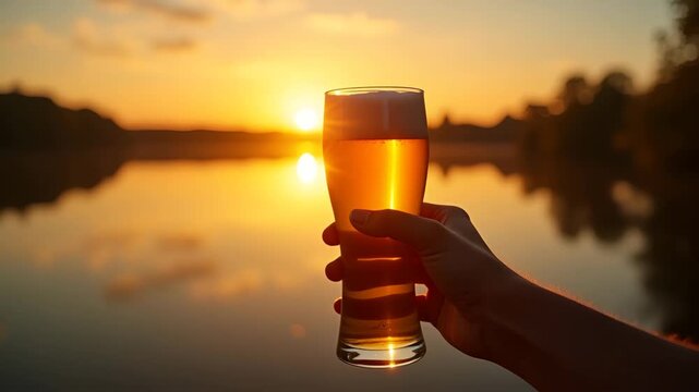 Golden hour capture of beer and sunset over lake scenery featuring silhouette of hand holding pilsner glass with sun flare through crisp amber ale in  Photo Stock  Concept  and empty space on the left