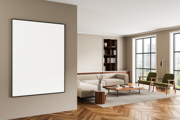 Modern living room interior with large blank poster on beige wall, stylish furniture and wooden floor near big windows in contemporary apartment.. 3D Rendering