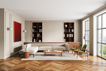 Modern minimalist living room interior with beige walls, wood flooring, and cozy seating arrangement in natural daylight setting. 3D Rendering