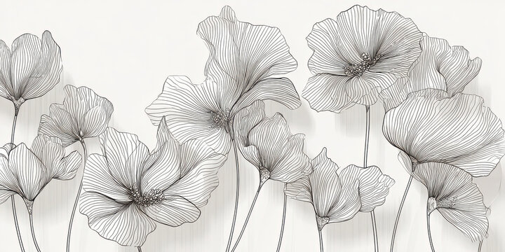 Delicate abstract line flowers create modern floral pattern, featuring elegant black and white petals with minimalist style, perfect for wall art or textile design - Powered by Adobe