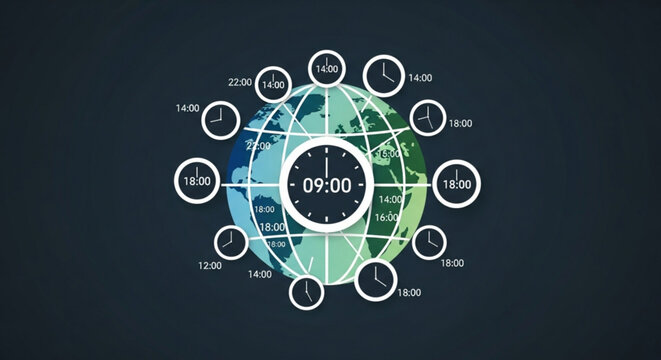 World time zone clock showing different times in cities around the world, concept for business and travel, dark background