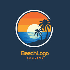 Coastal Beach Logo Design Vector with Palm Trees Sunset Ocean Waves Perfect for Travel Brands Tourism Companies or Eco-Friendly Product Marketing Minimalist Logo Templates