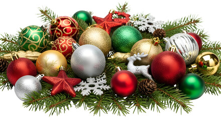 Festive Christmas ornaments colorful baubles, shining stars, and delicate snowflakes on evergreen branches, embodying holiday spirit and seasonal joy