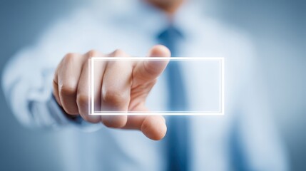 Man in white shirt and tie touches large white square gentleman in formal attire interacts with blank white panel