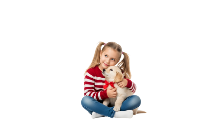 Adorable young girl sharing a heartwarming moment with her cute golden retriever puppy, showcasing the pure joy and companionship of childhood pets