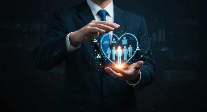 Businessman Holding Digital Heart with People Icons Representing Human Resources and Corporate Care