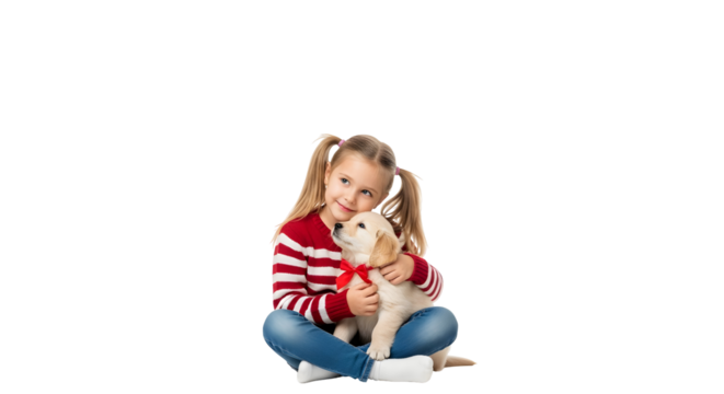 Adorable young girl sharing a heartwarming moment with her cute golden retriever puppy, showcasing the pure joy and companionship of childhood pets - Powered by Adobe