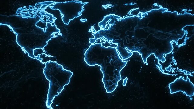 Global network of glowing blue lines illuminates the world map, representing connectivity and digital connections.