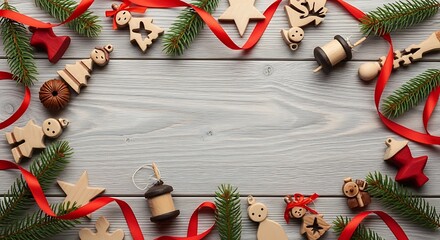 A festive Christmas arrangement of wooden ornaments and red ribbon on a grey wooden background.