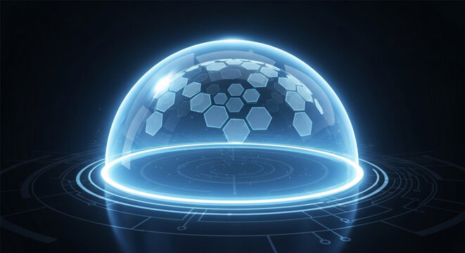 A glowing blue dome protects a network of hexagons, representing cybersecurity, data protection, and technological advancement