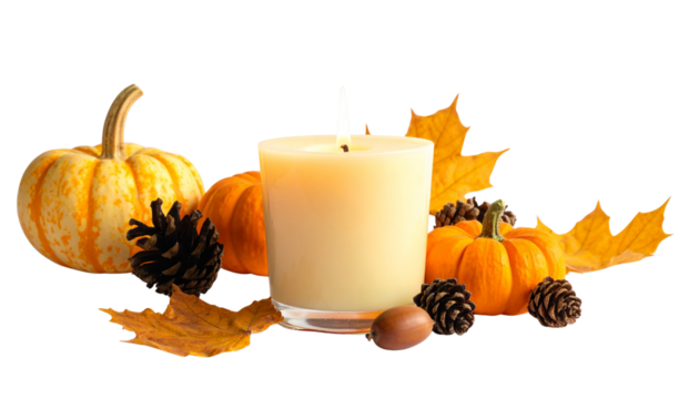 Candle surrounded by small pumpkins, pinecones, and leaves, isolated on transparent background, warm holiday