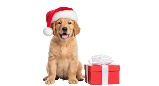 Adorable golden retriever puppy wearing a festive Santa hat sitting beside a wrapped Christmas gift, bringing holiday cheer and joy to the season