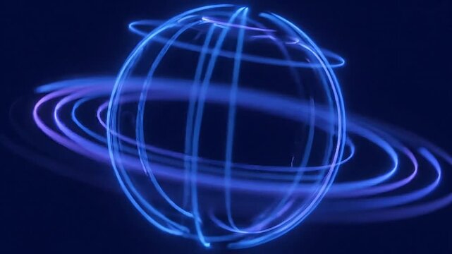 Abstract glowing sphere with orbiting rings in deep space, representing technology and science