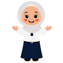 Cheerful Young Girl Wearing a Hijab and School Uniform with Open Arms on a Transparent Background Full Body Shot
