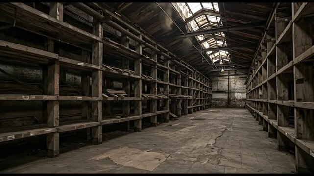 Industrial interior empty warehouse storage shelves