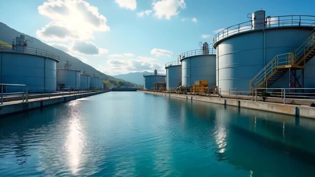 Photograph of treated water supply infrastructure showing water treatment plant tanks filter media UV disinfection units and operational staff overseeing quality control in  Photo Stock  Concept  and 