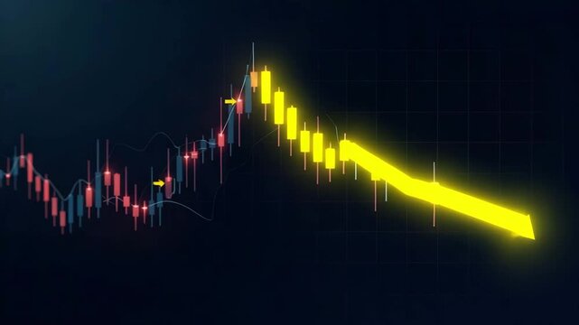 Illustration of bearish candlestick pattern with annotation of entry and exit points volume bars and moving average overlays on dark grid background in  Photo Stock  Concept  and empty space on the le