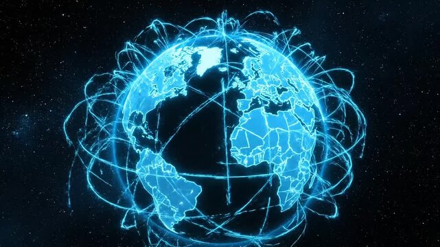 Global network of digital connections encircling a futuristic illuminated planet