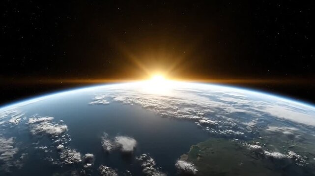Breathtaking sunrise over planet Earth from space, illuminating the planet's horizon with brilliant golden light and clouds.