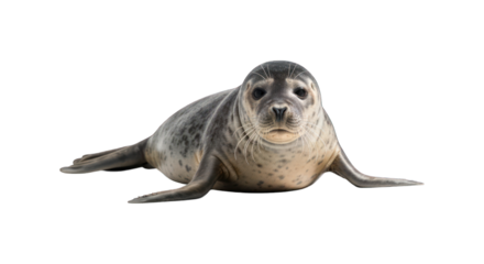 Adorable harbor seal lying down, isolated against a black backdrop
