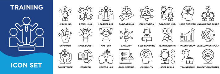 training icon collection set. Containing upskilling, reskilling, learnership, onboarding, facilitation icon. Simple line vector.  © BAMBANG G