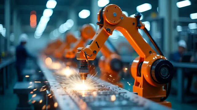 Technical photographers documenting factory scene Asia assembly lines capturing robotic arms welding components in electronics manufacturing plants in  Photo Stock  Concept  and empty space on the lef