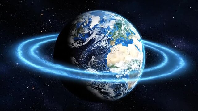 Glowing blue energy ring encircles planet Earth in the vastness of space.