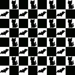 Seamless Black and White Halloween Pattern with Cats and Bats