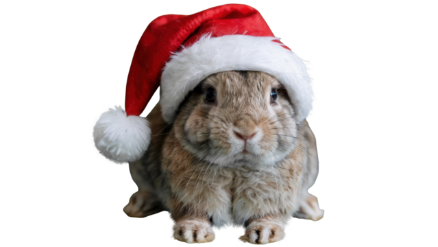 Adorable lop eared bunny rabbit wearing a festive red santa hat isolated on transparent background
