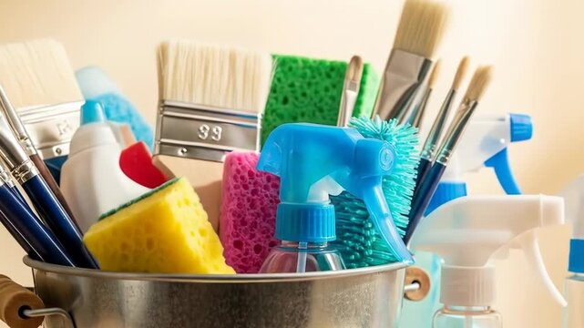 A metal bucket overflowing with brushes, sponges, scrubbers, spray bottles, and cleaning supplies in front of a soft, yellow background