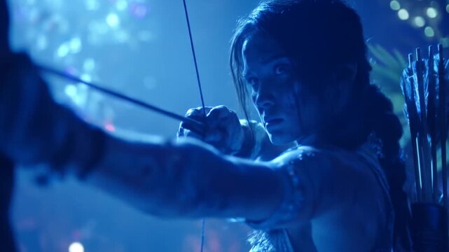 Archer draws bow aiming at unseen target with focused determination