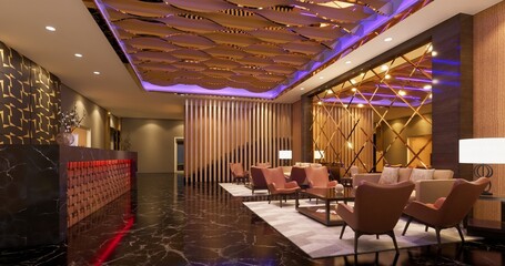 Luxury hotel lobby with glamorous lighting, modern furniture, and decorative ceiling design.
