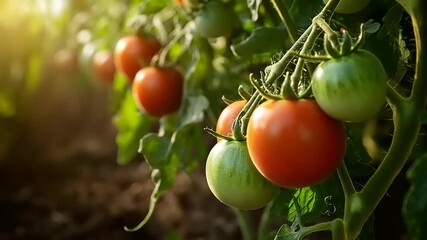 Ripe and unripe tomatoes grow on a vine in soft sunlight. - Powered by Adobe