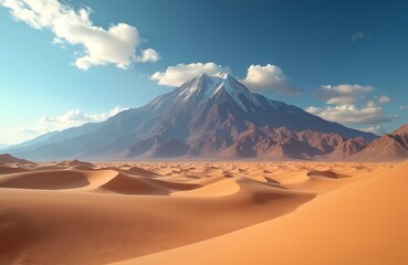 Arid desert landscape features wide orange sand dunes under clear blue sky. Majestic mountain range rises in background, highest peak covered in white snow. Vast empty natural terrain with dry