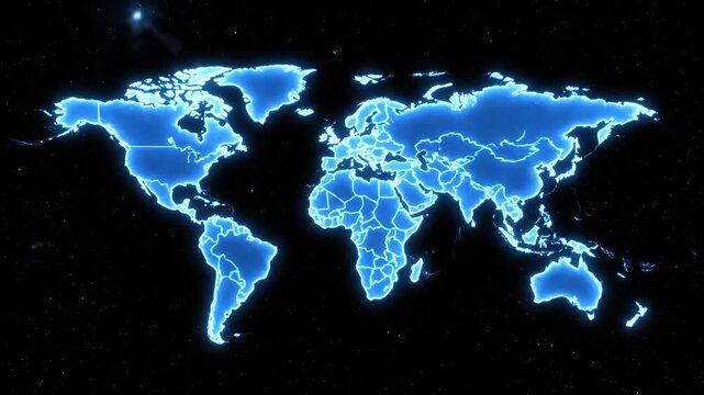 Global network of glowing blue continents on a dark starry background, representing international connections and digital communication.