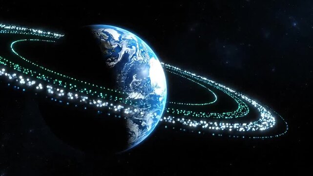 Majestic Earth surrounded by sparkling rings of light in the vastness of space