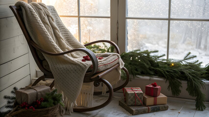 Nostalgic Rocking Chair by Frosted Window with Presents and Pine. Perfect for: Holiday lifestyle imagery, Christmas nostalgia branding, winter mood boards