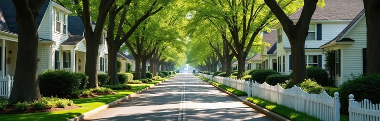 Obraz premium Tree lined street charming colonial homes with white picket fences, gardens. Suburban neighborhood offers peaceful residential setting with manicured lawns. Suggests quiet, safe, family friendly