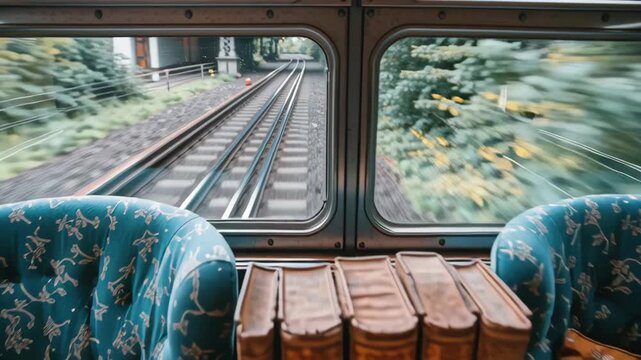 Cozy Vintage Train Interior Plush Cushions, Stacked Books, and Scenic Views Create Warm Reading Atmosphere Full of Nostalgia
