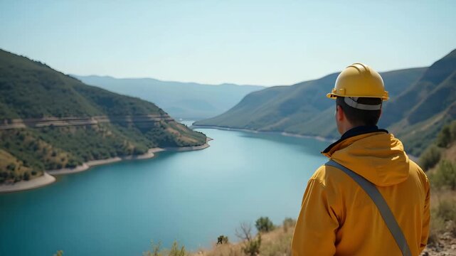 Hydrologist inspecting drought and climate effects on reservoir levels mid?summer using satellite data and past precipitation records in  Photo Stock  Concept  and empty space on the left side