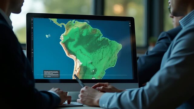 Policy maker reviewing satellite imagery showing deforestation impact on Amazon basin requesting sustainable land use policy updates in  Photo Stock  Concept  and empty space on the left side