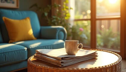 Newspapers on wicker coffee table with a cup of coffee in a living room. Cozy sofa with yellow pillow in the background. Morning sunlight shines through the window.